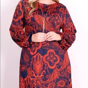 Bella Flore 1X red and navy paisley long sleeve dress. NWOT